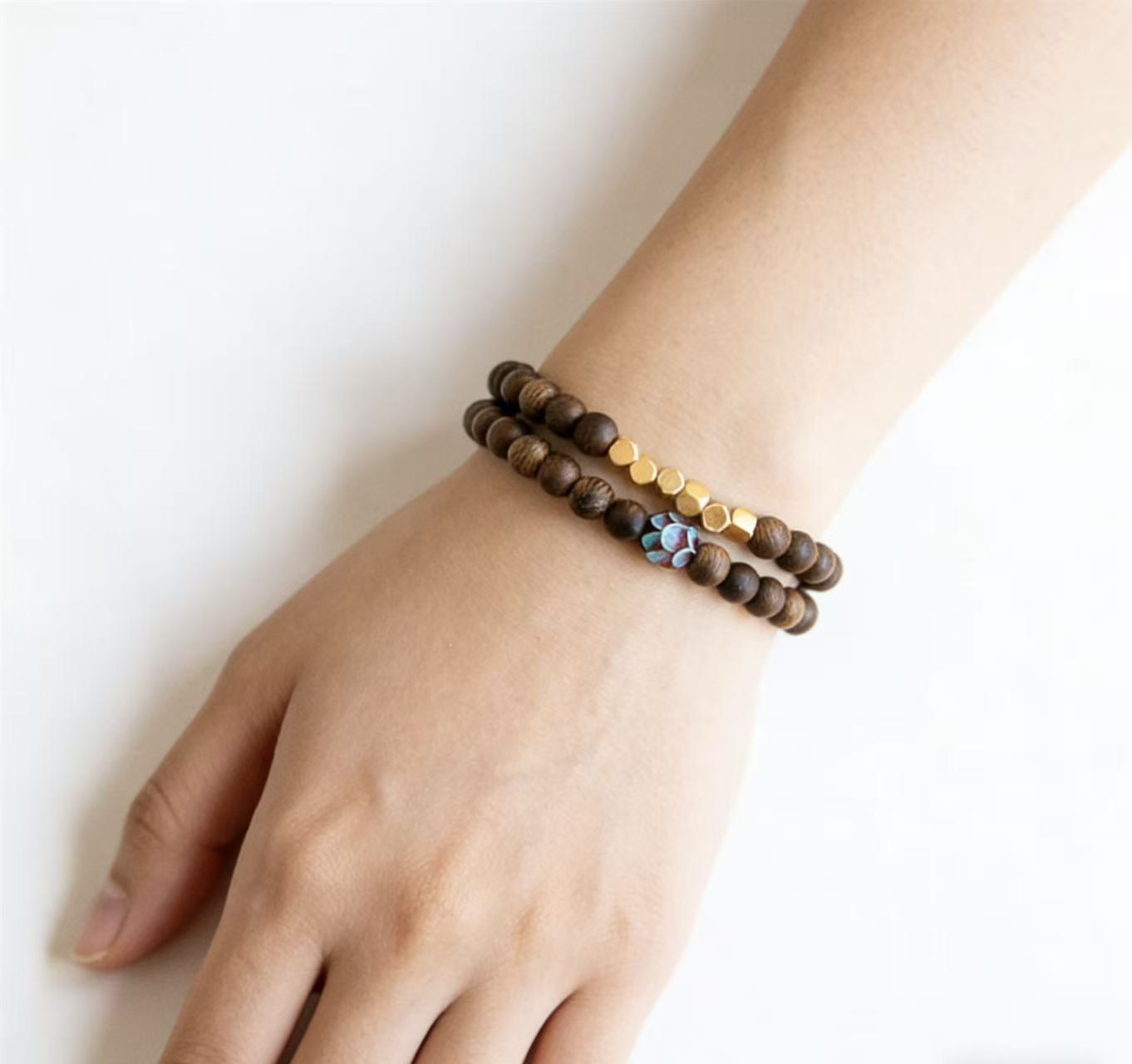 Dark Agarwood Double Stack Lotus Bracelet Set