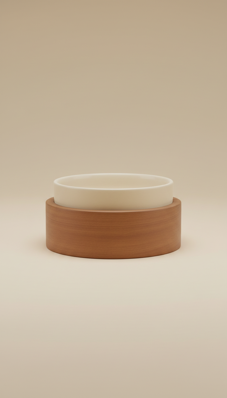 Ceramic pet food bowl with wooden base